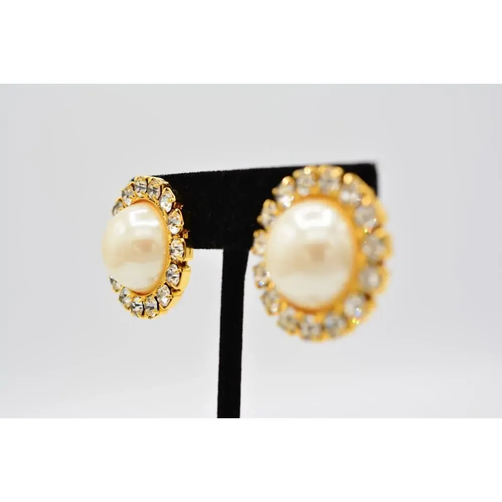 Vintage Clip On Earrings Rhinestone Crystal Pearl Gold Chunky Shiny 1980s BinAA